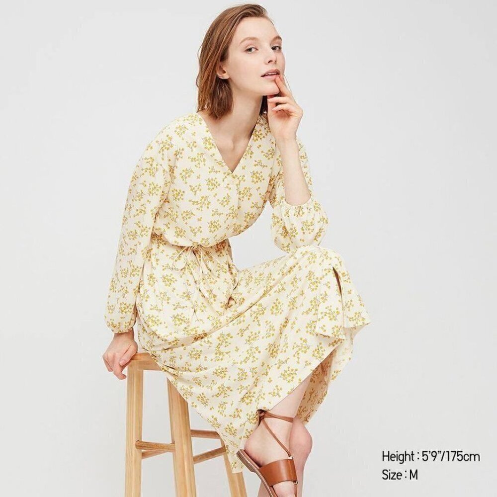 Uniqlo Joy Of Print Cream & Yellow‎ Floral Long Sleeve Midi Dress S